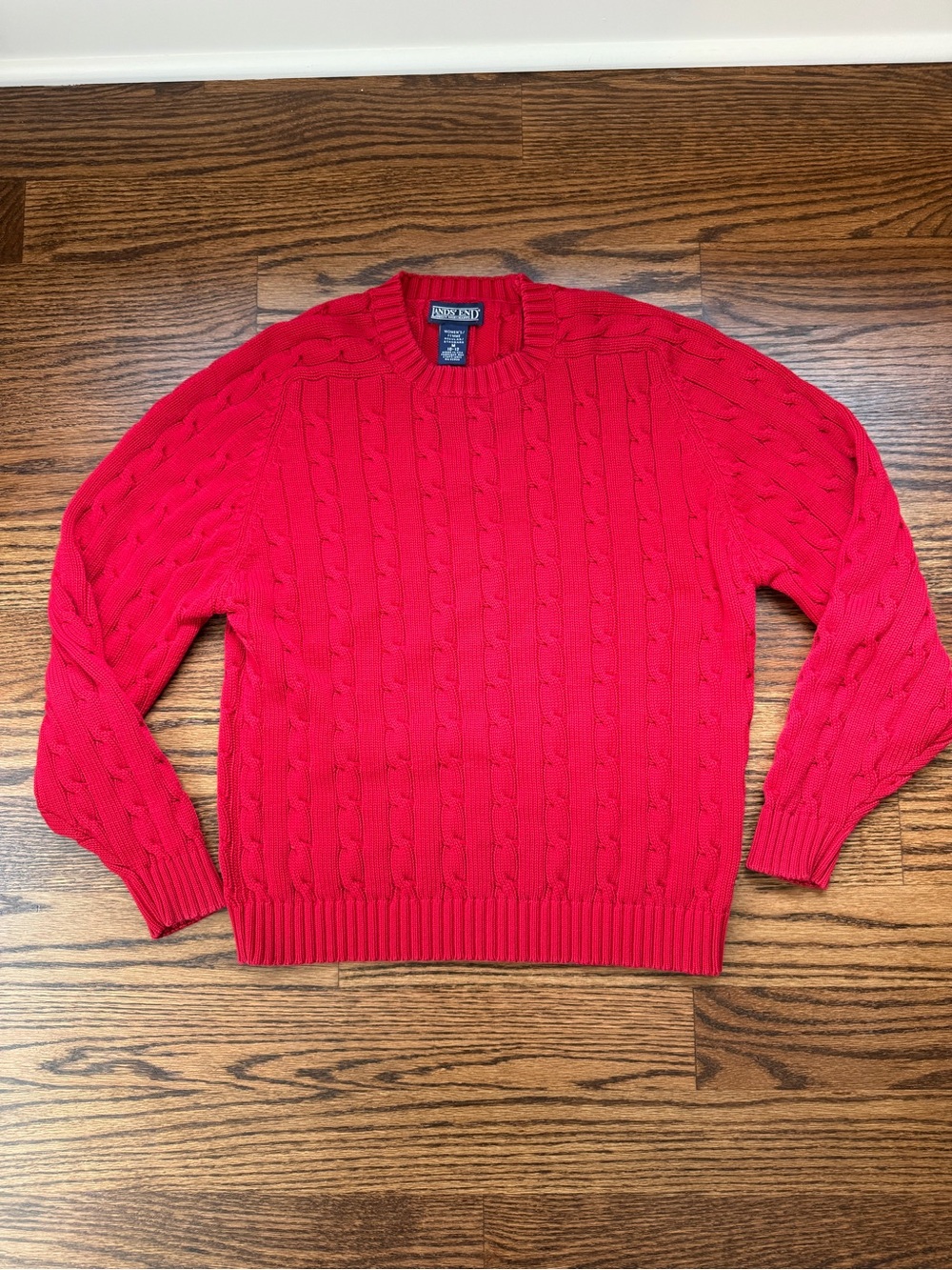 Lands' End Bright Red Cable-Knit Cotton Crewneck Sweater
